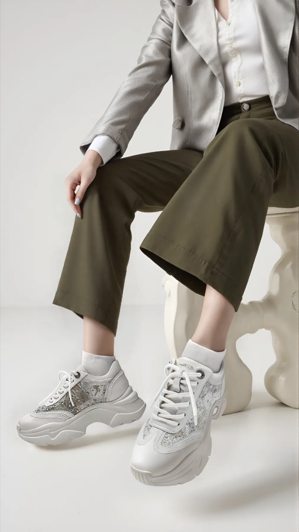 Grey blazer and platform sneakers